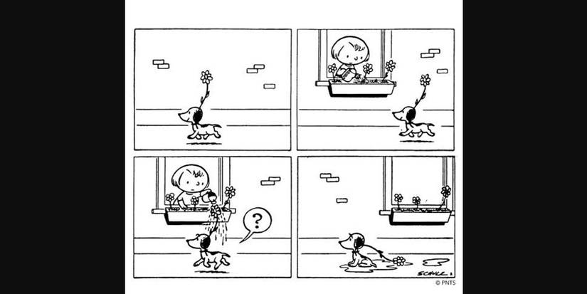 Peanuts comic strip by Charles M. Schulz showing the very first appearance of Snoopy