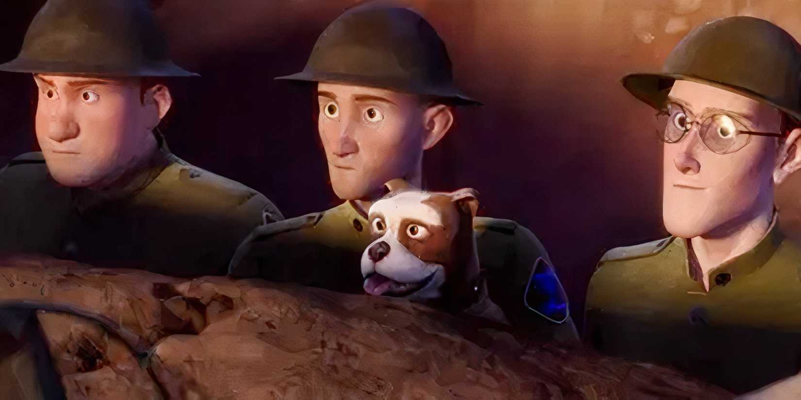 Stubby waits in a trench with 3 American soldiers in 'Sgt Stubby: An American Hero'