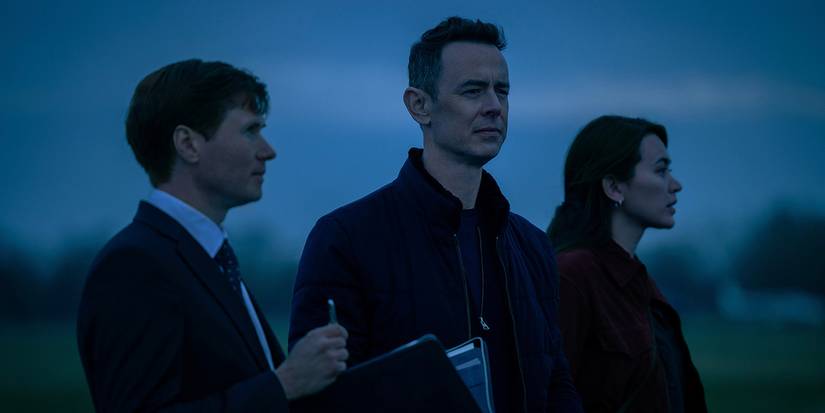 Per Stensen standing outside in the dark with others in Silo.