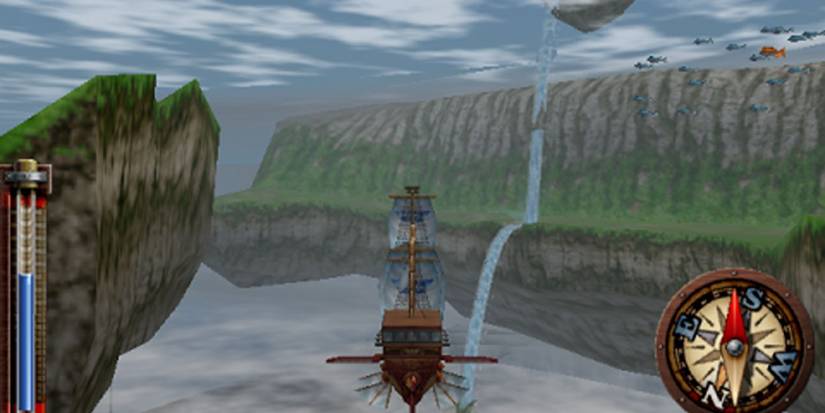A flying boat heading towards a waterfall in Skies of Arcadia