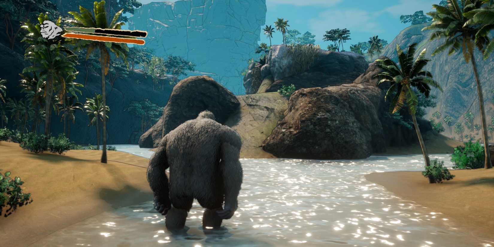 Kong standing in some shallow waters in the video game 'Skull Island: Rise of Kong' (2023)