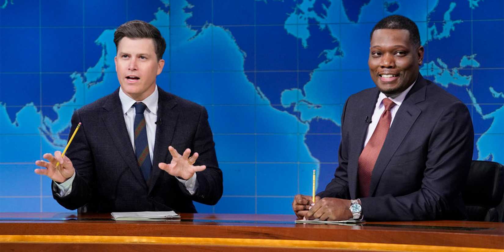 SATURDAY NIGHT LIVE -- Episode 1904 -- Pictured: (l-r) Anchor Colin Jost and anchor Michael Che during Weekend Update on Saturday, May 16, 2026 -- (Photo by: Lloyd Bishop/NBC)