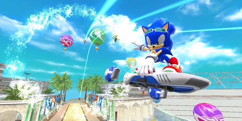 Sonic riding an Extreme Gear hoverboard flying through the air in 'Sonic Free Riders' on the Xbox 360