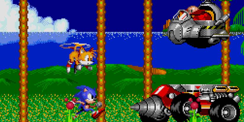 Sonic and Tails about to fight Dr. Eggman in the first boss fight of Sonic the Hedgehog 2 on the Sega Genesis.