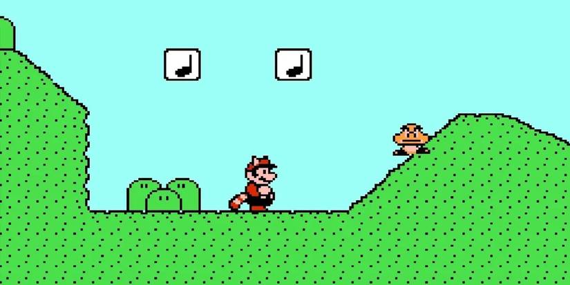 Mario and a Goomba on grassy plains next to two note blocks in 'Super Mario Bros. 3' on the NES