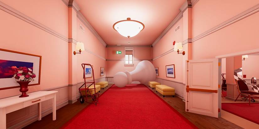 A giant pawn at the end of a hallway in Superliminal