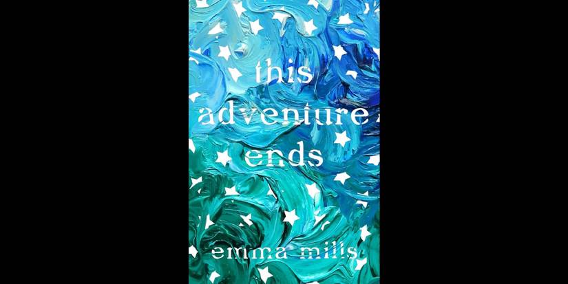 The book cover for This Adventure Ends by Emma Mills over a black background