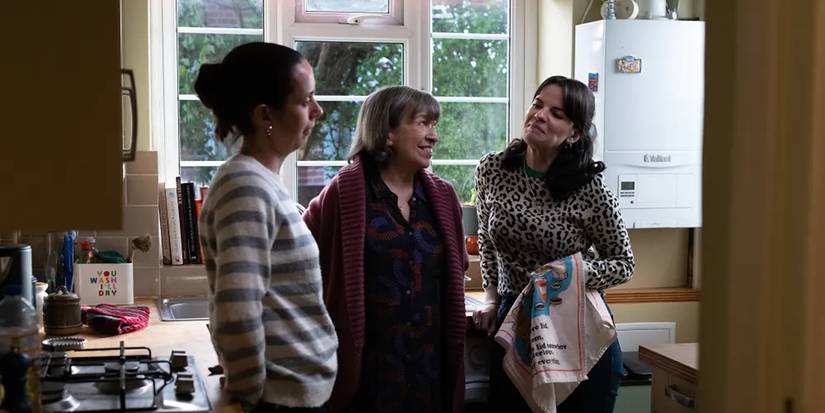 Kate O'Flynn, Marion Bailey, and Alice Bailey Johnson standing in a kitchen in Tender Loving Care