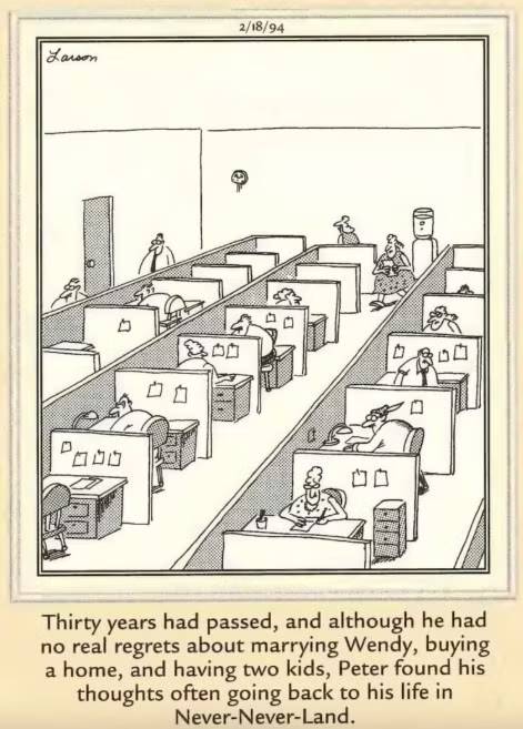 Peter Pan grows up and gets an office job in 'The Far Side'