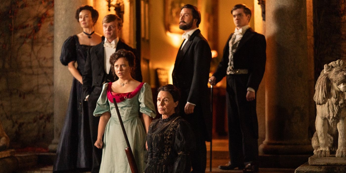 ​​​​​​​​​​​​​​​​​​​​​Sam (Liam McMahon), Mary (Claire Cooper), Joe (Adam Little), Liza (Shannon Lavelle), Harry (Zak Ford-Williams), and Ma (Julie Graham) in The Hardacres Season 2