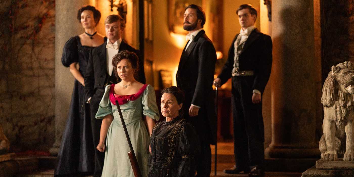 Sam (Liam McMahon), Mary (Claire Cooper), Joe (Adam Little), Liza (Shannon Lavelle), Harry (Zak Ford-Williams), and Ma (Julie Graham) in The Hardacres Season 2