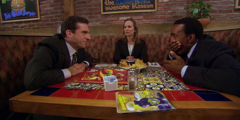 Michael Scott (Steve Carell), Jan Levinson (Melora Hardin), and Christian (Tim Meadows) in 'The Office' Season 2 episode, "The Client."