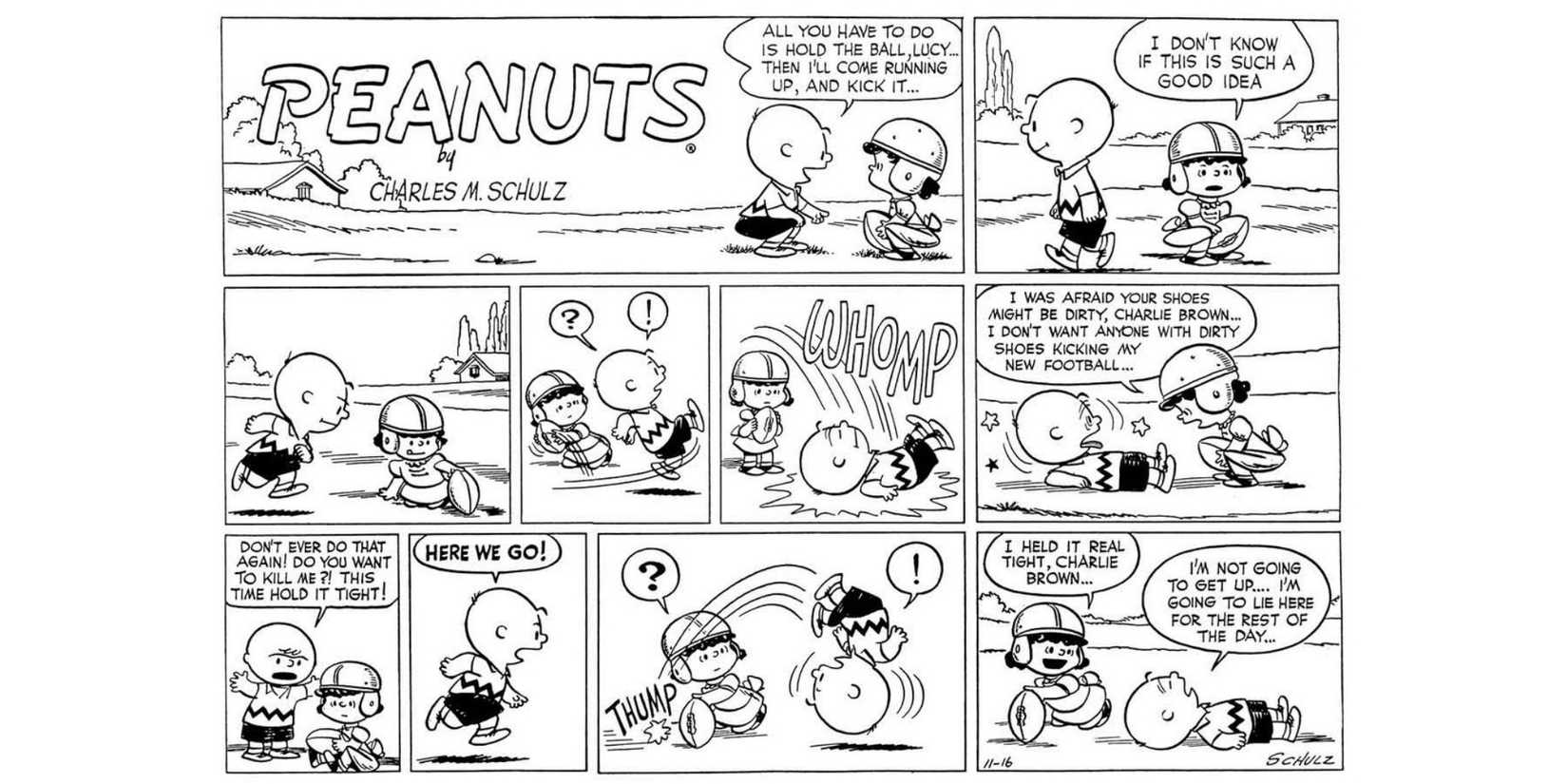 The iconic Peanuts panel featuring Charlie Brown and the football.