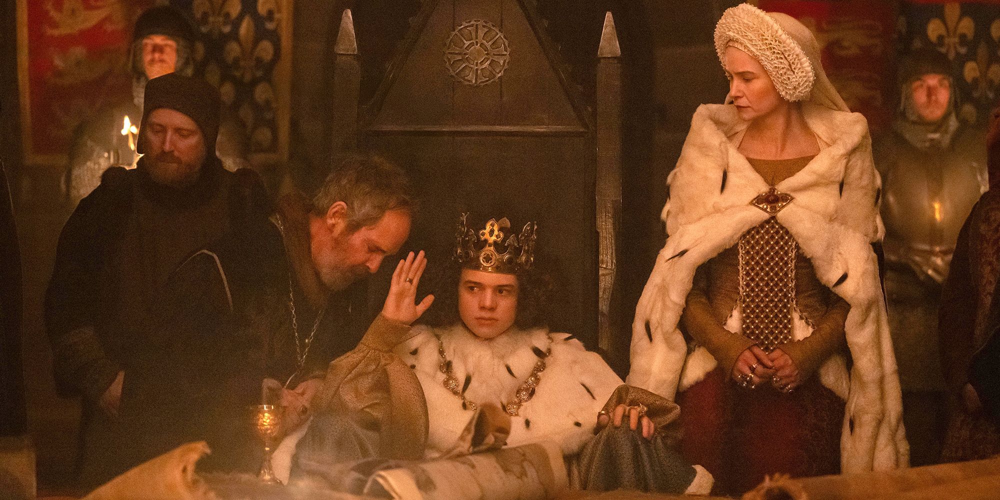 Tom Hollander, Woody Norman, and Katherine Waterston in 'The Uprising'
