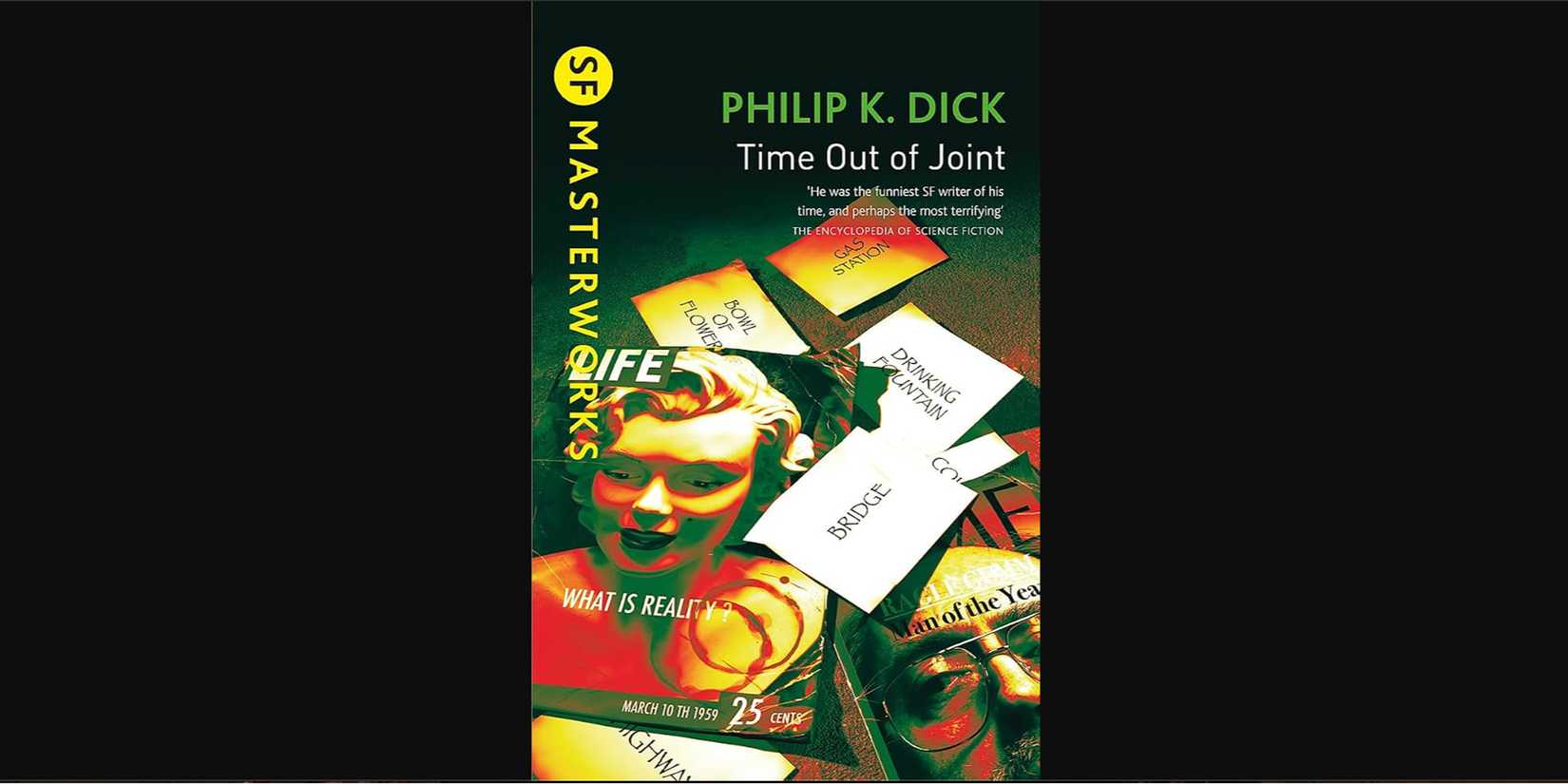 The cover for the novel Time Out of Joint by Philip K. Dick, featuring a statue of Marilyn Monroe