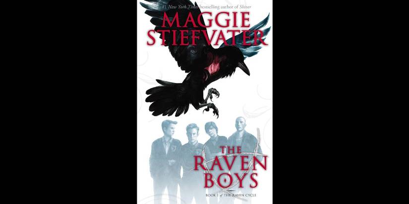 The book cover for The Raven Boys by Maggie Stiefvater over a black background