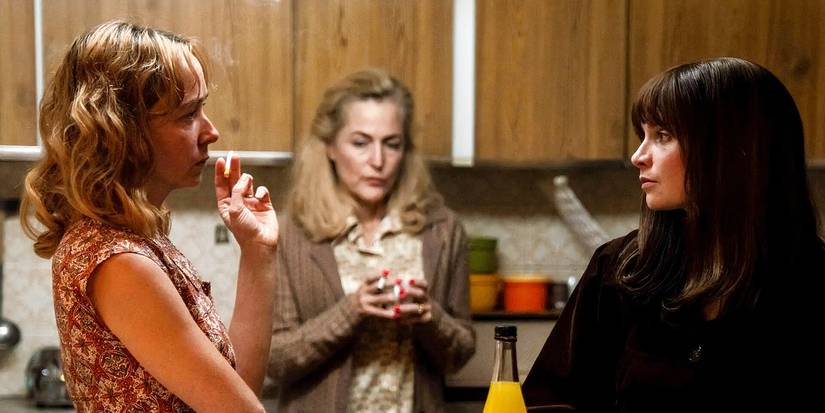 Betty, Gina, and Cushla talking in a kitchen in Trespasses