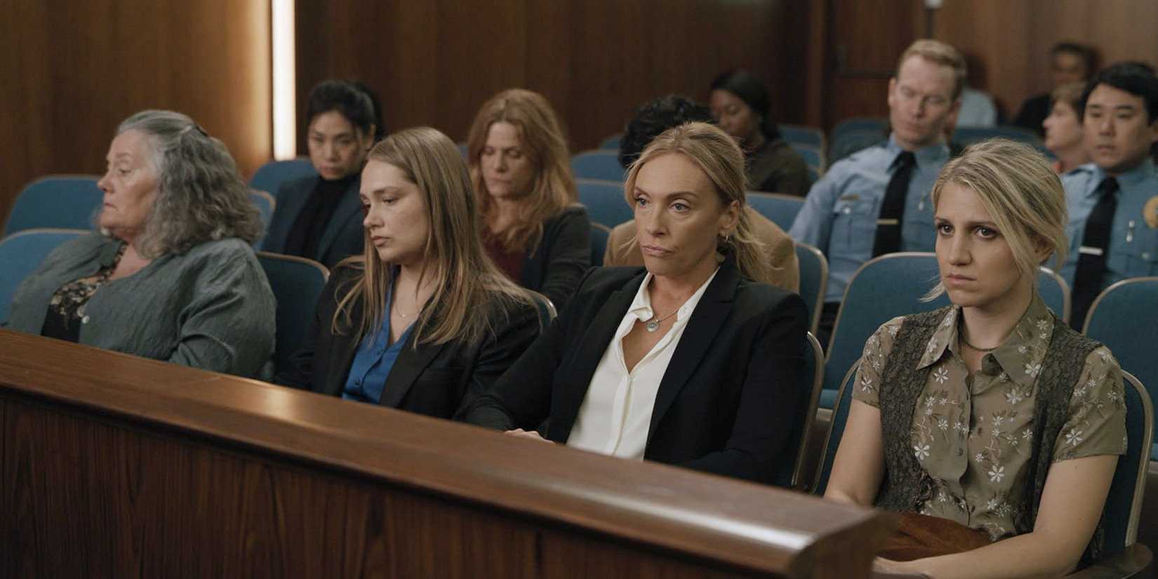Merritt Wever, Toni Collette, and Annaleigh Ashford sitting in court in 'Unbelievable'