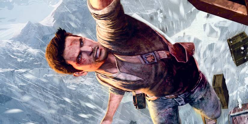 Nathan Drake hanging from a helicopter in Uncharted-2-Among-Thieves
