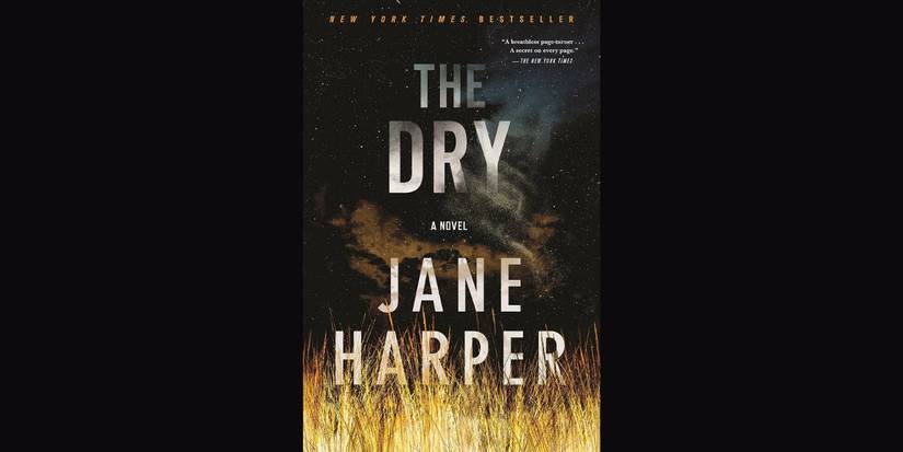 ‘The Dry’ by Jane Harper book cover on black background. 