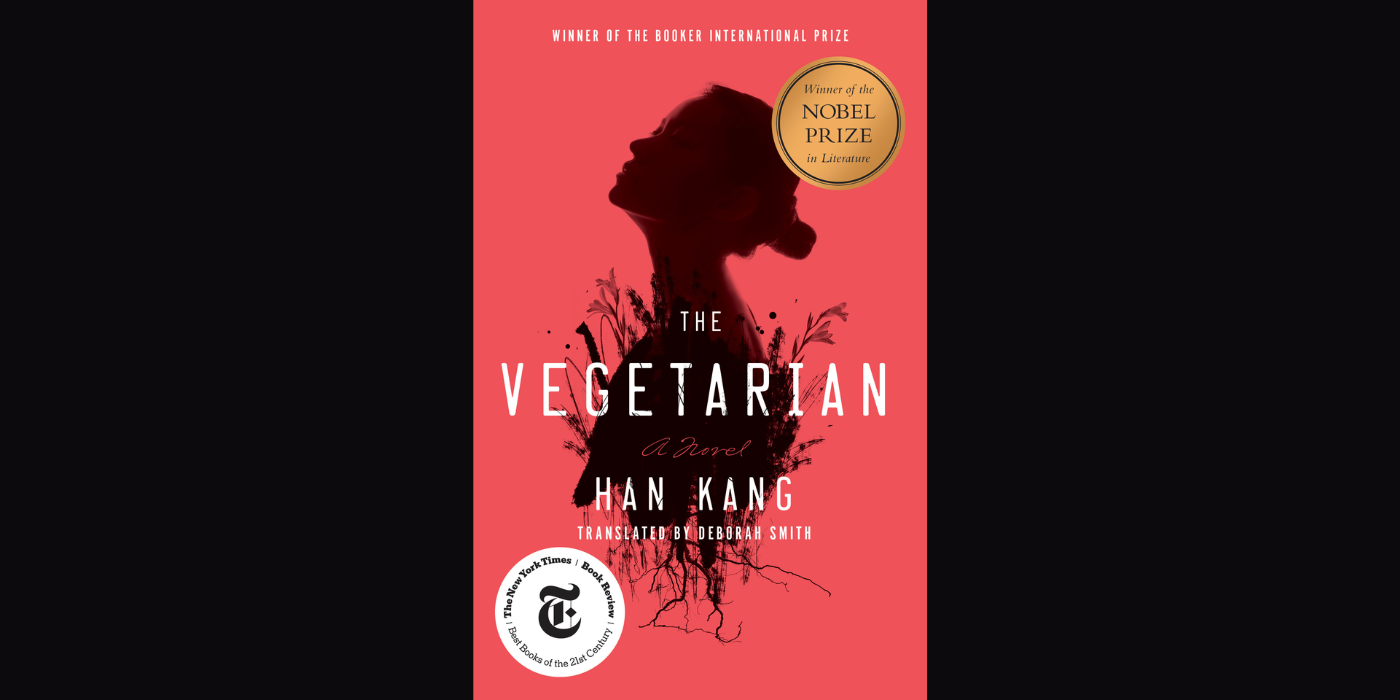 The Vegetarian by Han Kang book cover on black background.