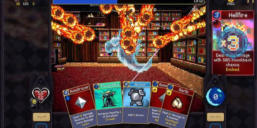 A deckbuilding battle, launching fireballs at a ghost in Vampire Crawlers.