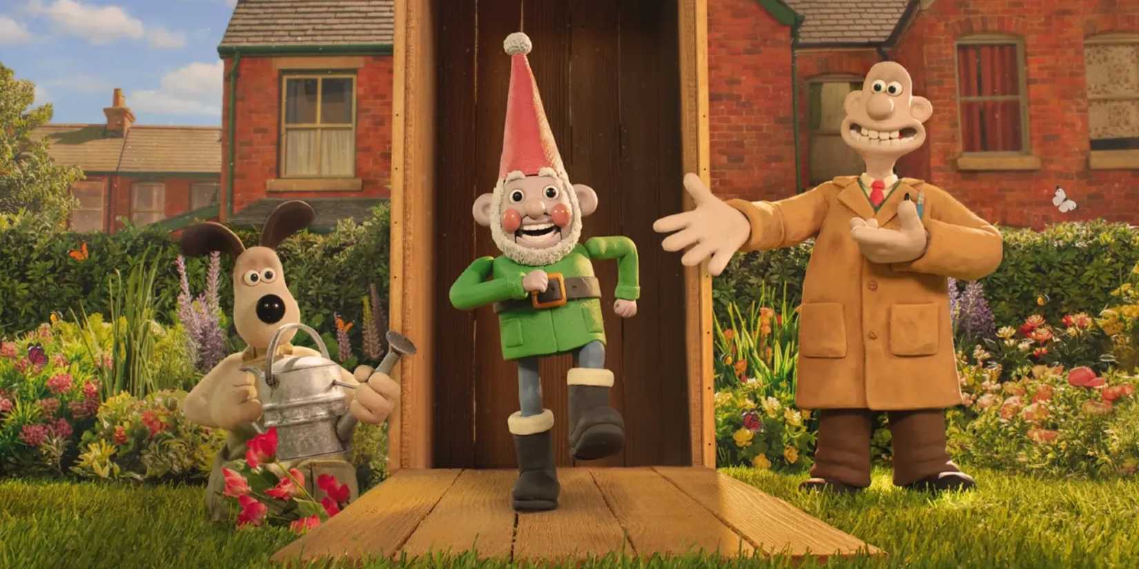 Wallace and Gromit with a gnome