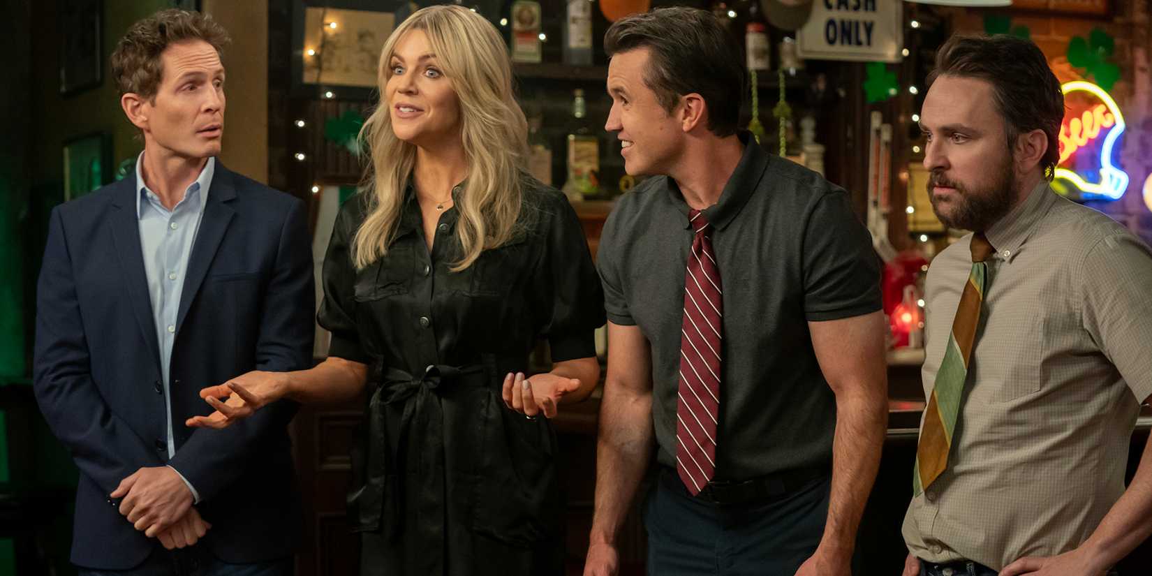 Glenn Howerton as Dennis, Kaitlin Olson as Dee, Rob McElhenney as Mac, and Charlie Day as Charlie in It's Always Sunny in Philadelphia.
