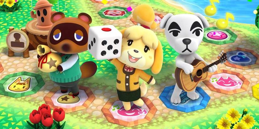 Isabelle holding up a dice block whiel standing on a game board next to Tom Nook and K.K Slider in 'Animal Crossing: Amiibo Festival'