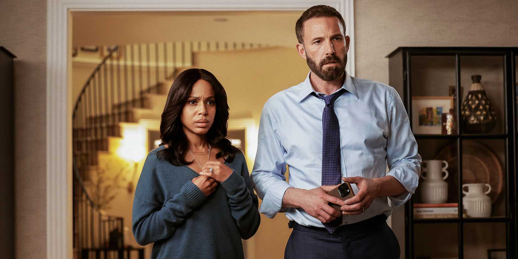 Kerry Washington and Ben Affleck looking very concerned in Netflix's Animals