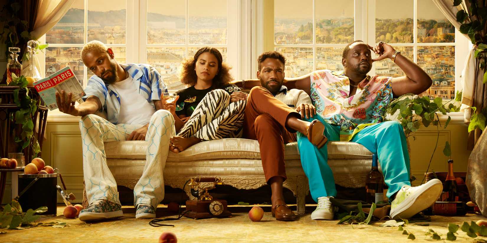 LaKeith Stanfield as Darius, Zazie Beetz as Vanessa "Van" Kiefer, Donald Glover as Earnest "Earn" Marks, and Brian Tyree Henry as Alfred "Paper Boi" Miles in Atlanta.