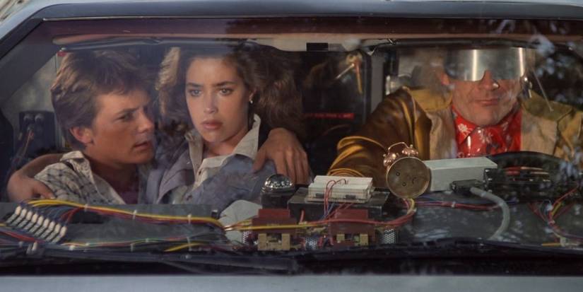 Marty and Doc in the car with Jennifer in Back to the Future