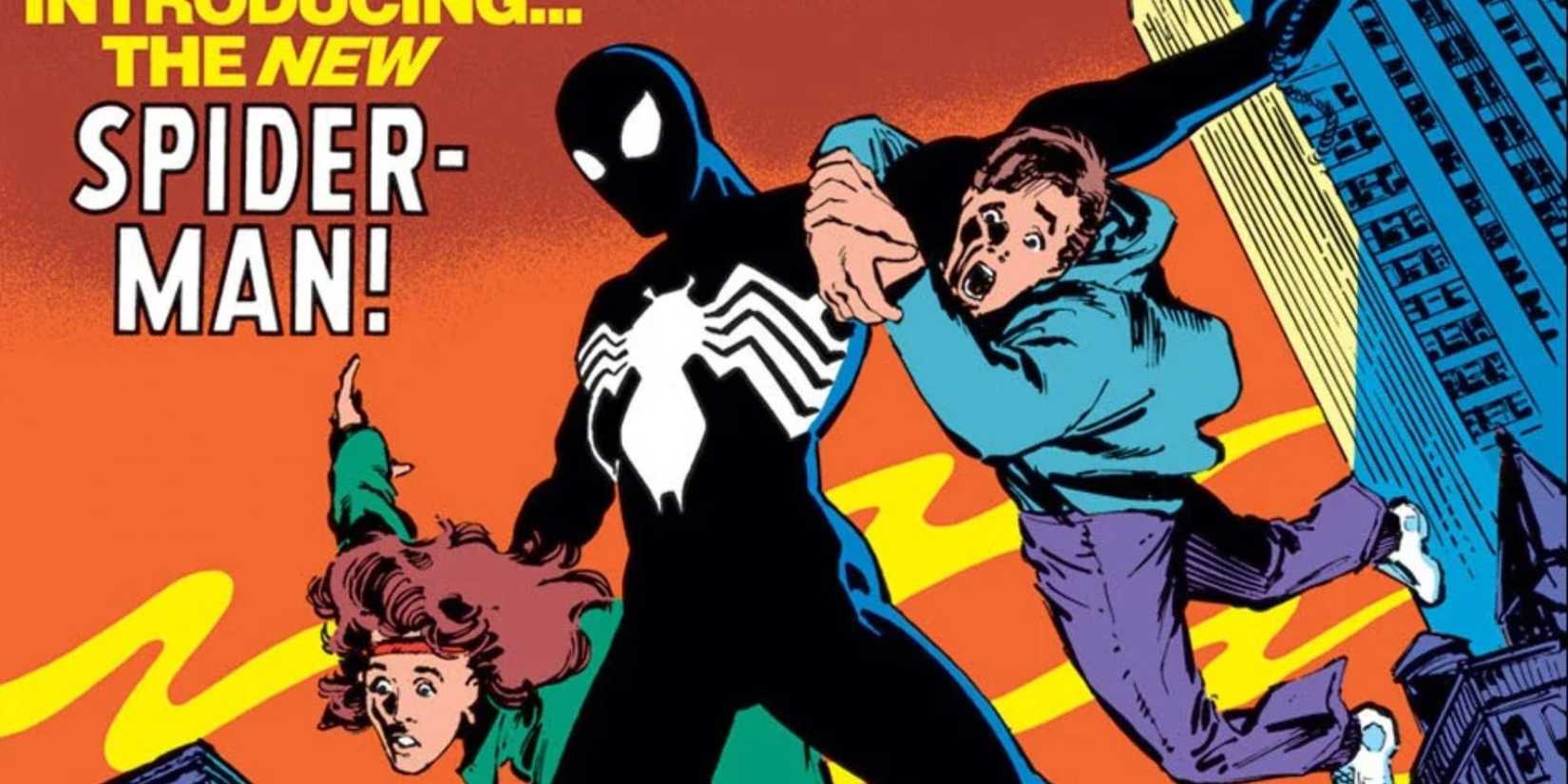 Symbiote Spider-Man swinging and saving two people in Marvel Comics