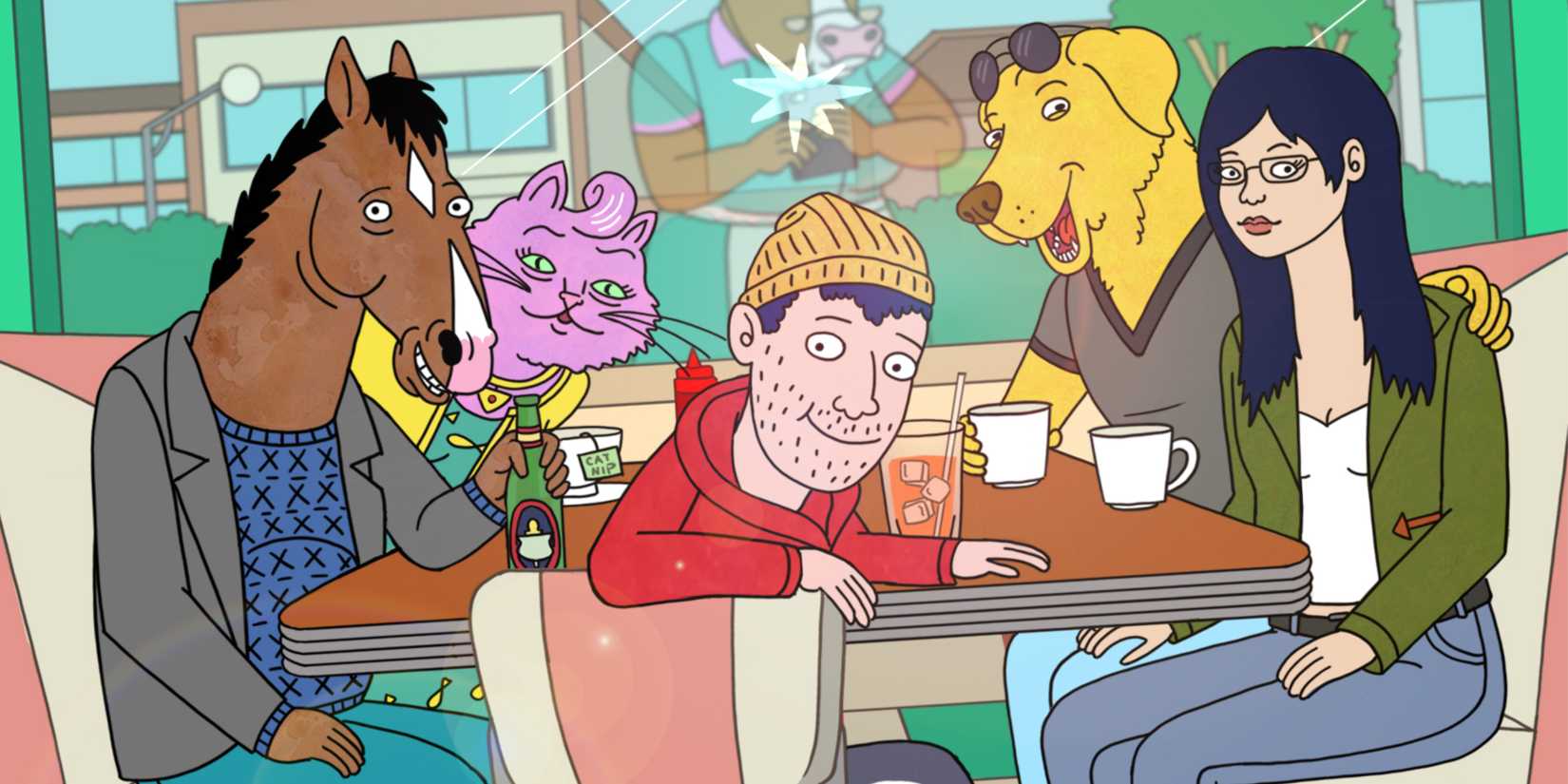 BoJack, Princess Carolyn, Todd, Mr. Peanutbutter, and Diane in Bojack Horseman.