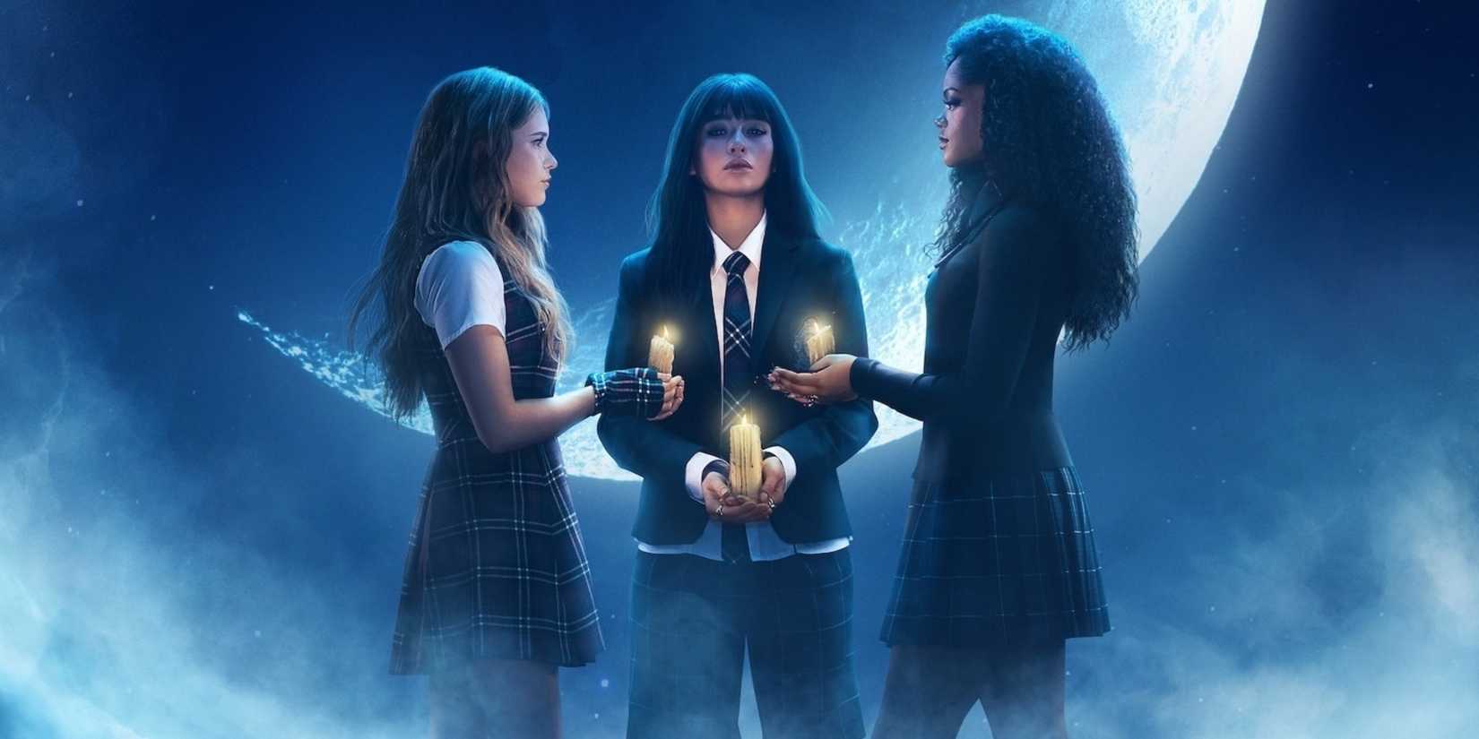 Malina Weissman as Briar, Jordan Leftwich as Sasha & Ora Duplass as Tegan holding candles in Coven Academy