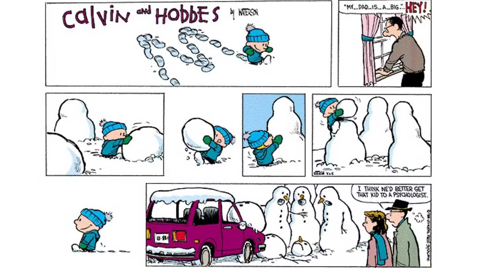Calvin blocks his dad's car with snowmen in 'Calvin and Hobbes'