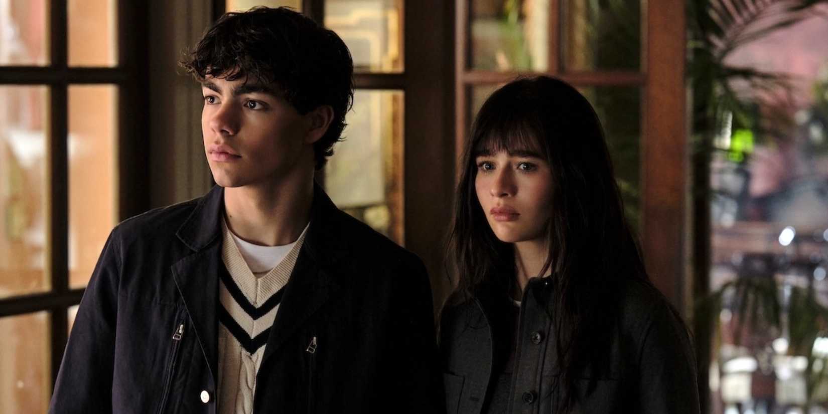 Malina Weissman as Briar standing next to Malachi Barton as Jake in Coven Academy