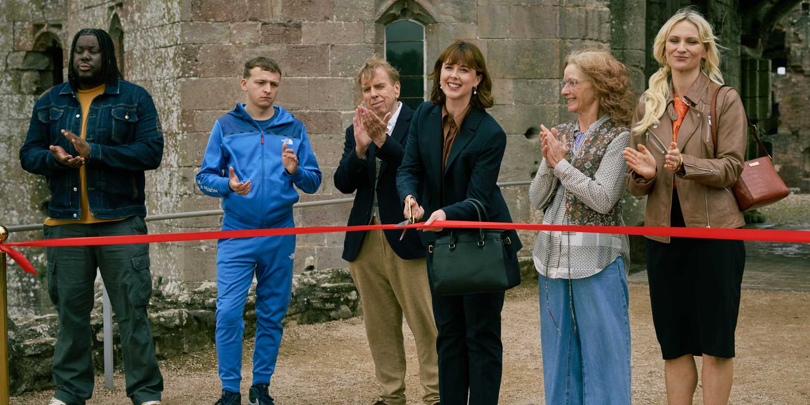 Hammed Animashaun as Warren, Jacob Ethan Tanner as Liam, Timothy Spall as John, Alexandra Roach as Angela, Jane Horrocks as Polly, and Hannah Daniel as Sally in Death Valley Season 2.