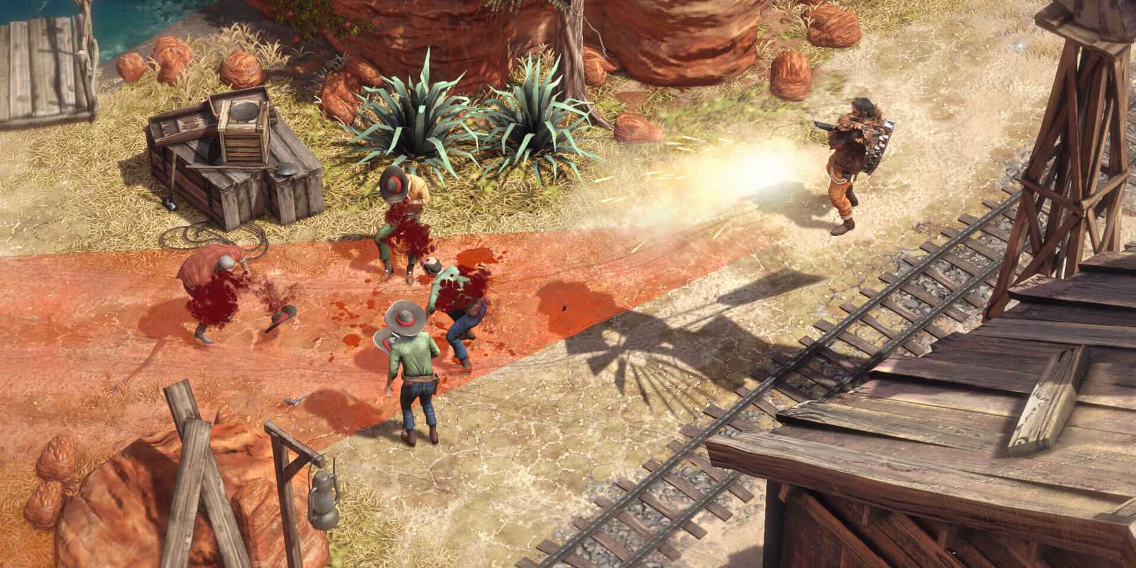 A man firing a gun at a group of cowboys in 'Desperados III'