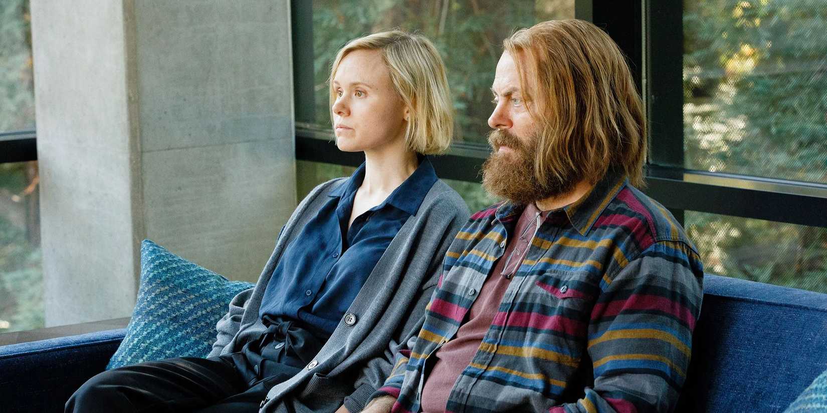 Alison Pill and Nick Offerman sitting side-by-side in 'Devs'