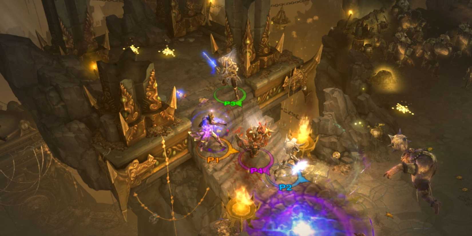 A four player party loots treasure from an ancient temple in 'Diablo III"