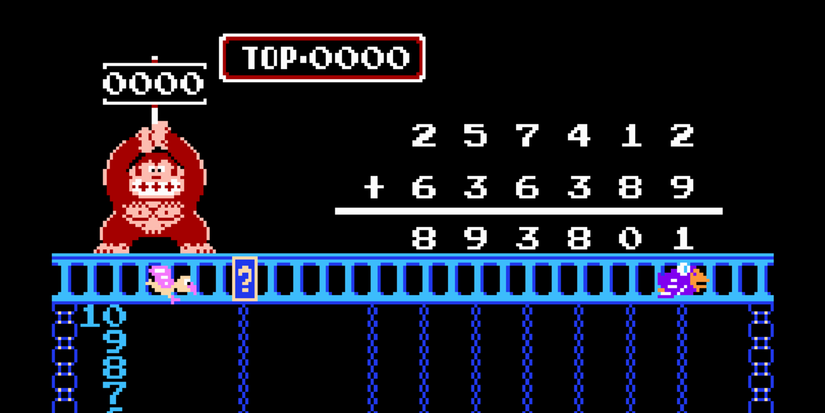 Donkey Kong smiling next to a solved addition problem in 'Donkey Kong Jr. Math' for the NES