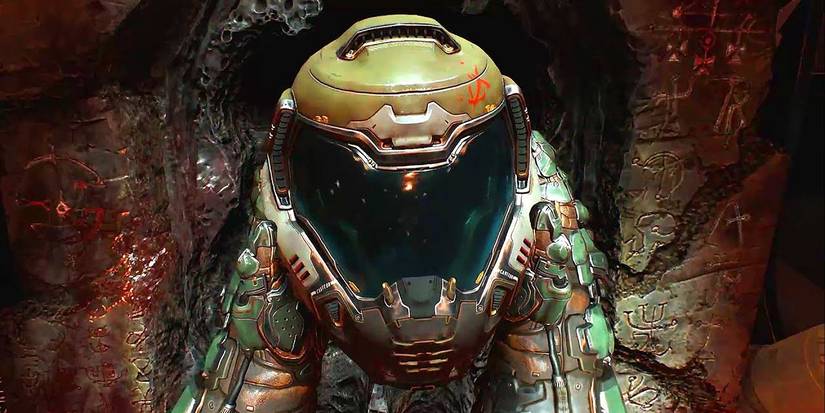 Doomguy grabbing helmet in opening of 'Doom' (2016)