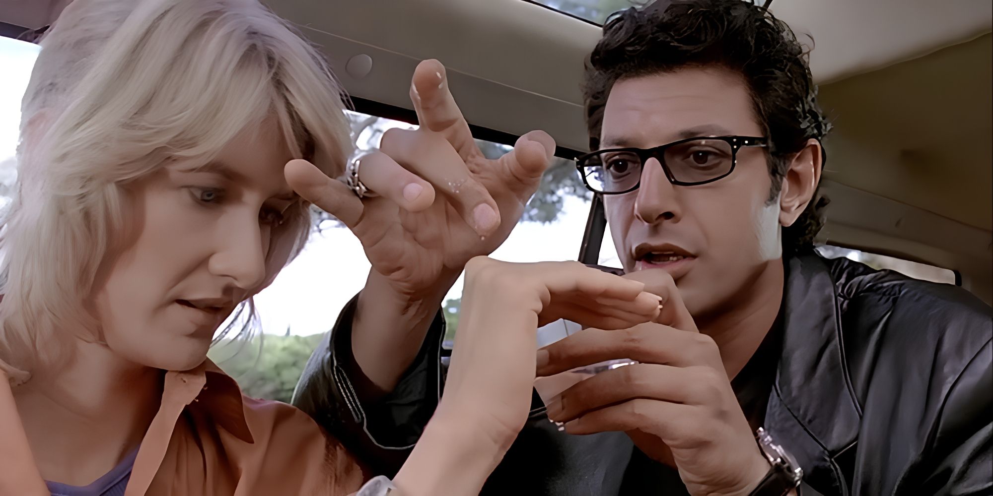 Dr. Ian Malcolm (Jeff Goldblum) explains chaos theory to Ellie Sattler (Laura Dern) in Jurassic Park.