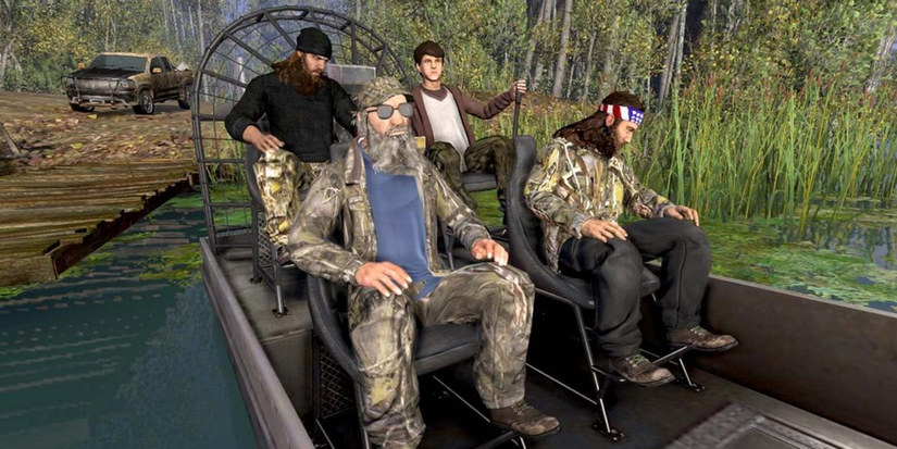Polygonal versions of the main cast of Duck Dynasty sitting on an airboat in the video game adaptation of 'Duck Dynasty'