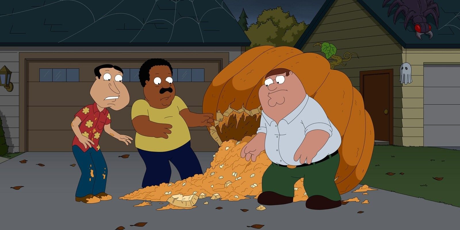 Quagmire, Cleveland, and Peter check out a busted open giant pumpkin on 'Family Guy'
