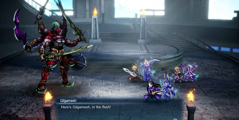 The hero's party facing off against Gilgamesh in Final Fantasy Resonance