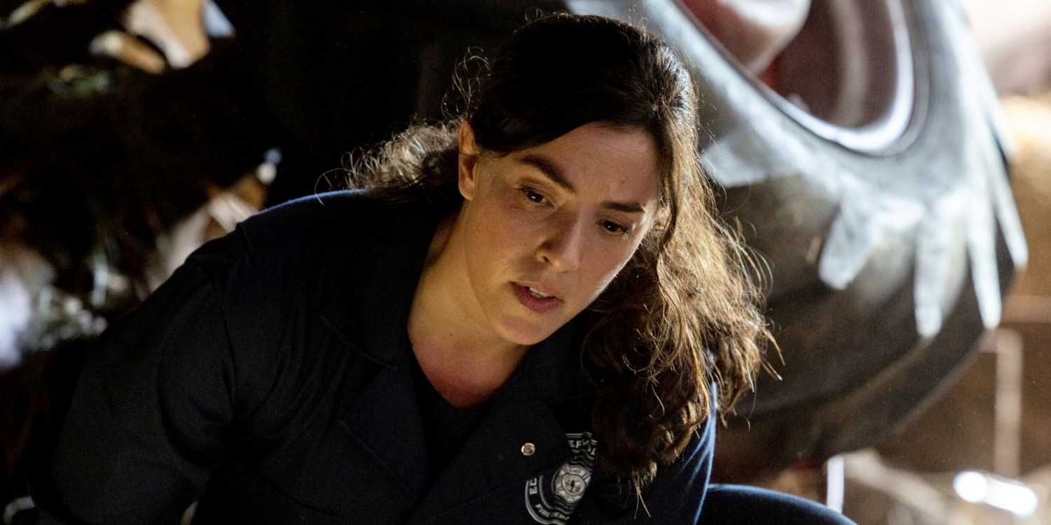 Olivia Thirlby as CJ getting ready to work on someone in need of help on an emergency call in Fire Country