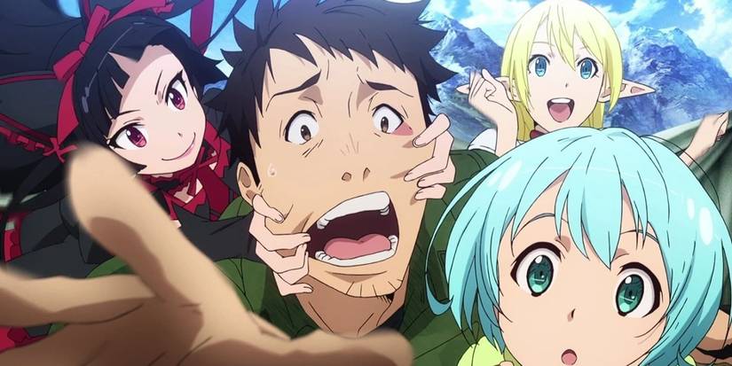 A bunch of characters looking surprised in the anime Gate
