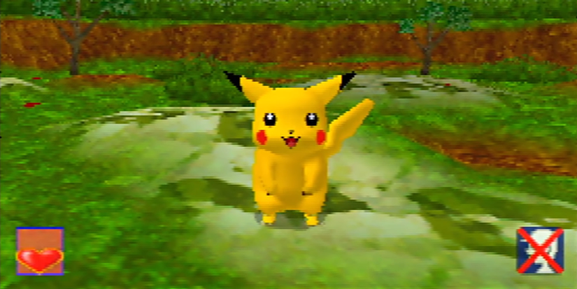 Pikachu smiling at the player in the middle of the forest in 'Hey You, Pikachu!'
